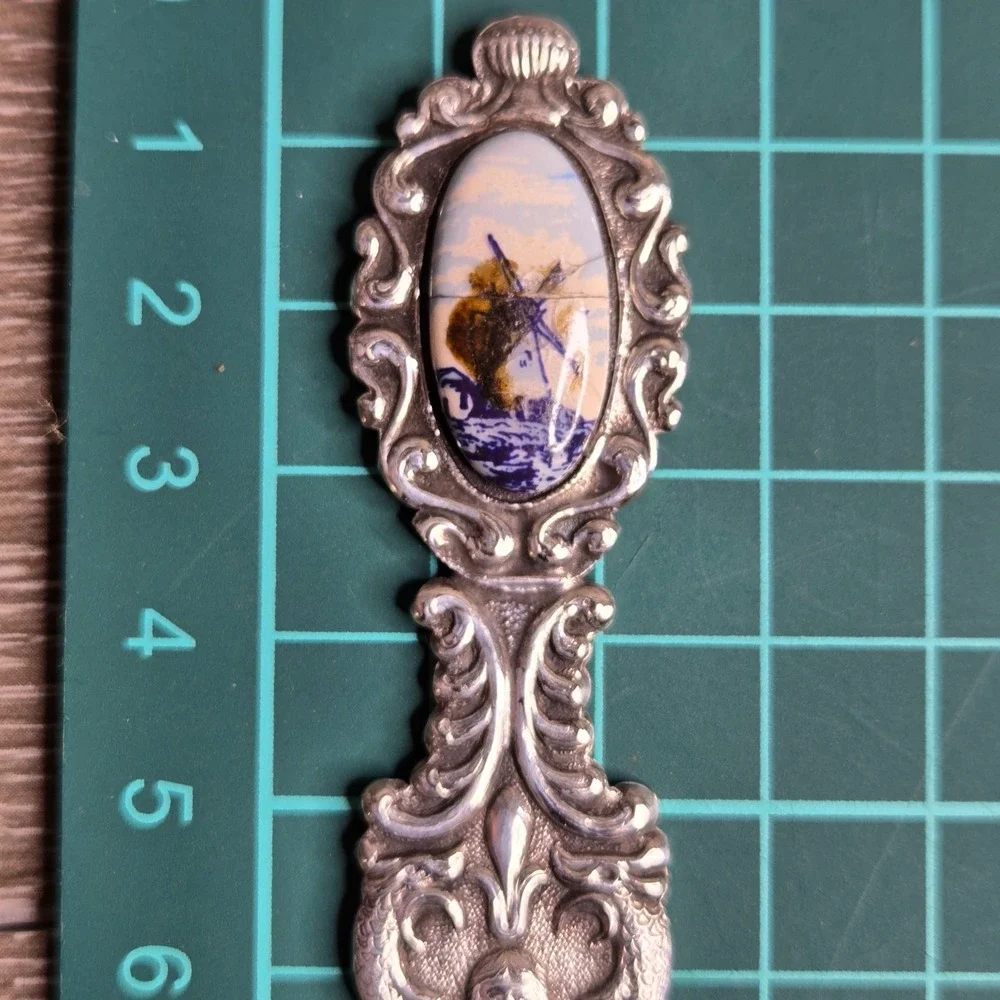 Vintage 800 Silver Ornate Letter Opener w/ Porcelain Windmill Scene 34g European